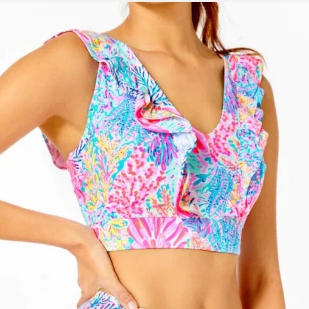 Lilly Pulitzer Luxletic Sucre Ruffle Sports Bra Splashdance Sz XS UPF 50